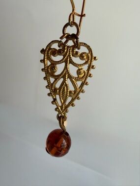 Gold Filigree Drop Earrings with Amber Bead